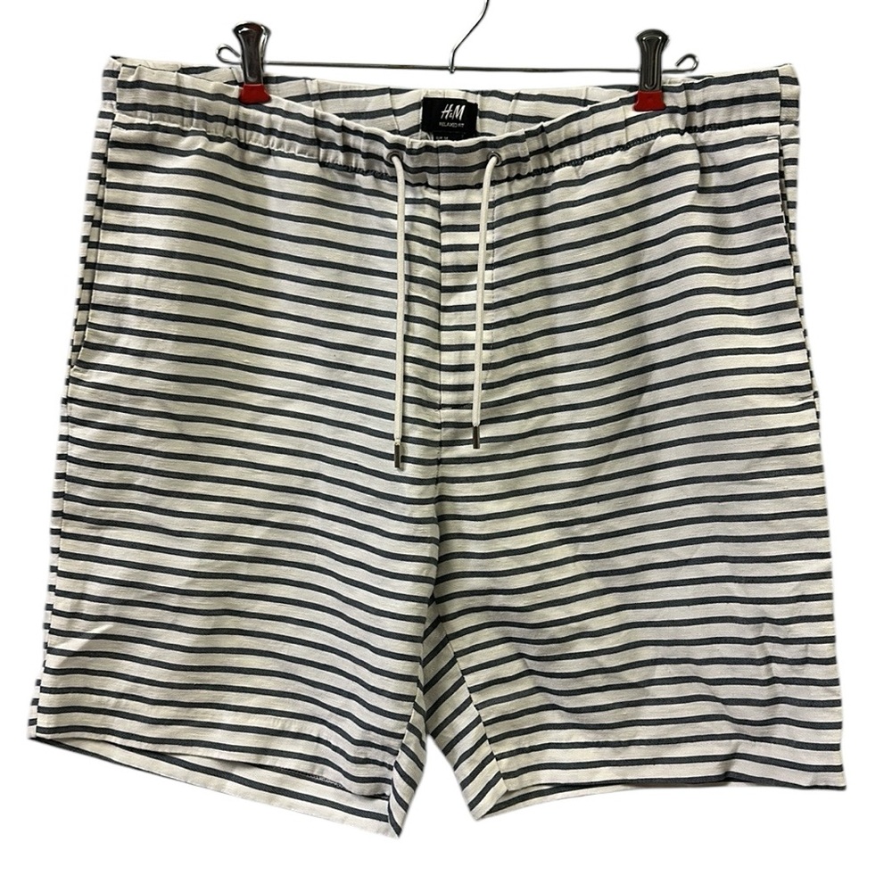 H&M Blue White Striped Elastic Drawstring Waist Flat Front Pocket Shorts Mens 38